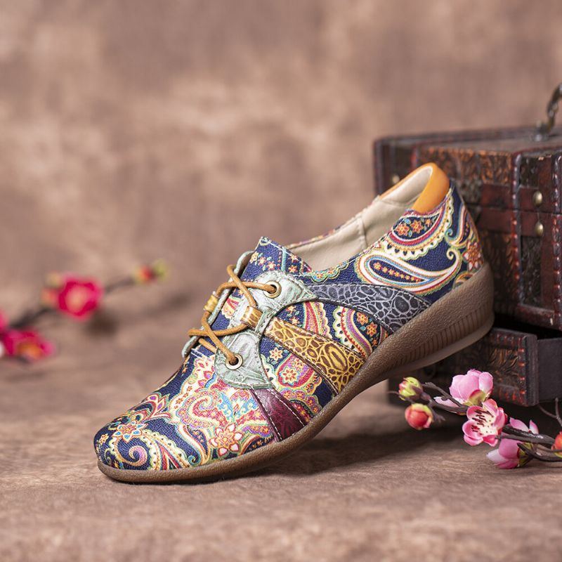 Paisley Retor Floral Splicing Folkways Style Round Toe Schnürschuhe Für Damen