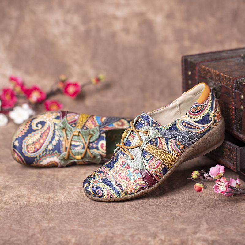 Paisley Retor Floral Splicing Folkways Style Round Toe Schnürschuhe Für Damen