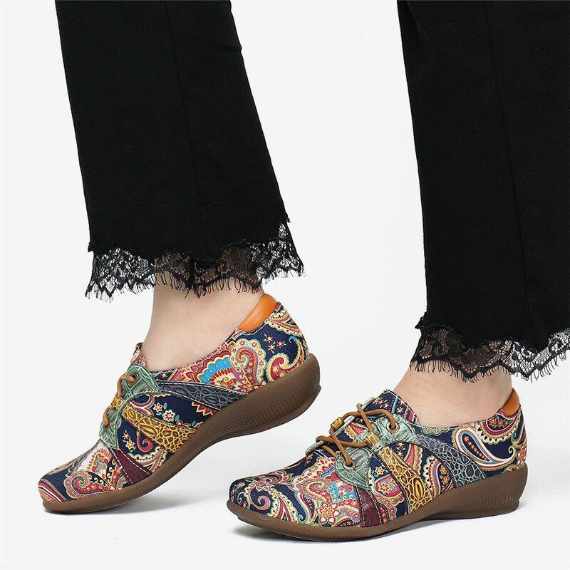 Paisley Retor Floral Splicing Folkways Style Round Toe Schnürschuhe Für Damen