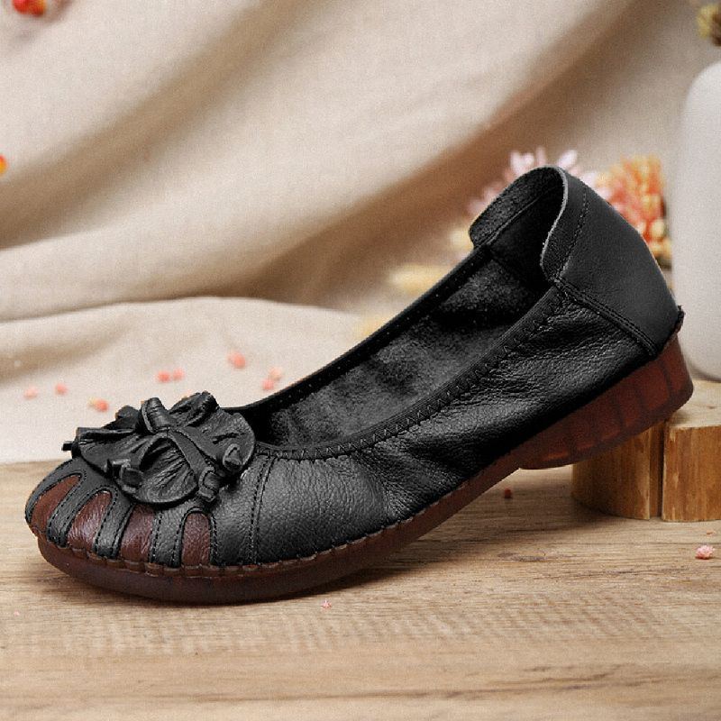 Retro Blumendekor Für Damen Aus Rindsleder Bequeme Runde Zehenpartie Weiche Sohle Lässige Flache Schuhe Zum Hineinschlüpfen