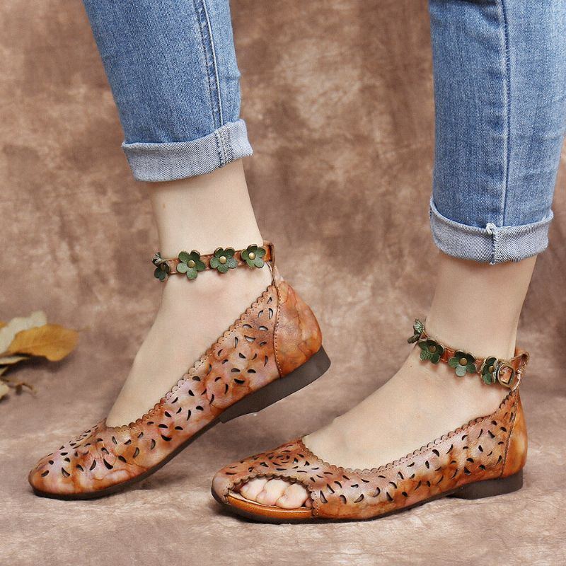 Retro Hohle Batik Knöchel Blumen Schnallenriemen Bequeme Weiche Flache Schuhe Der Damen