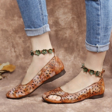 Retro Hohle Batik Knöchel Blumen Schnallenriemen Bequeme Weiche Flache Schuhe Der Damen