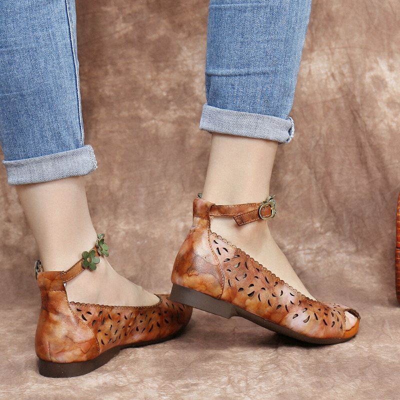 Retro Hohle Batik Knöchel Blumen Schnallenriemen Bequeme Weiche Flache Schuhe Der Damen