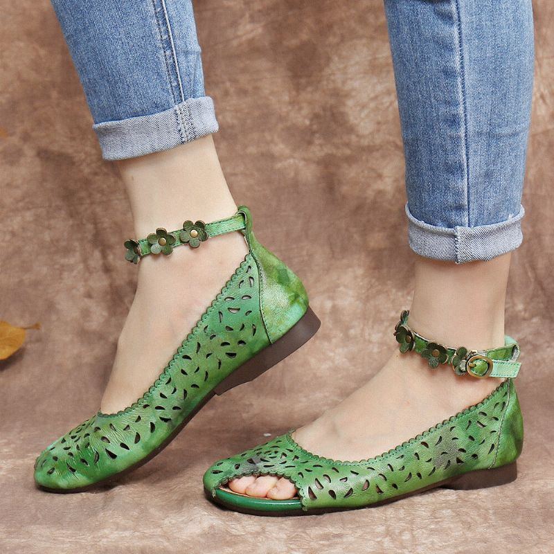 Retro Hohle Batik Knöchel Blumen Schnallenriemen Bequeme Weiche Flache Schuhe Der Damen