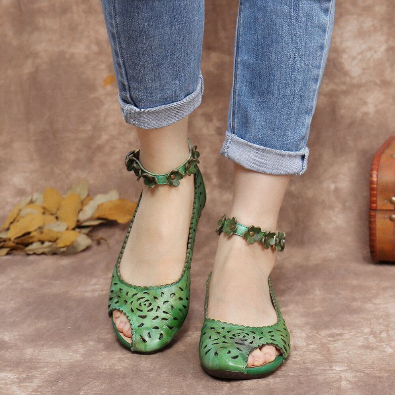 Retro Hohle Batik Knöchel Blumen Schnallenriemen Bequeme Weiche Flache Schuhe Der Damen