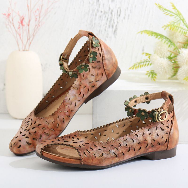 Retro Hohle Batik Knöchel Blumen Schnallenriemen Bequeme Weiche Flache Schuhe Der Damen