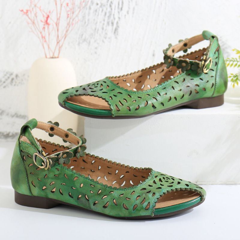 Retro Hohle Batik Knöchel Blumen Schnallenriemen Bequeme Weiche Flache Schuhe Der Damen