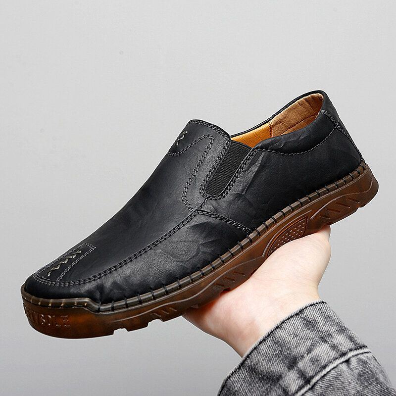 Atmungsaktive Herren Rindsleder Handnähte Mit Weicher Sohle Slip On Freizeitschuhe