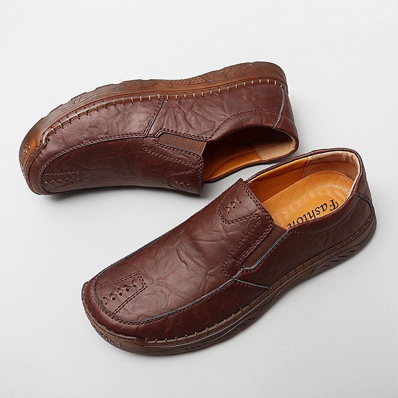 Atmungsaktive Herren Rindsleder Handnähte Mit Weicher Sohle Slip On Freizeitschuhe