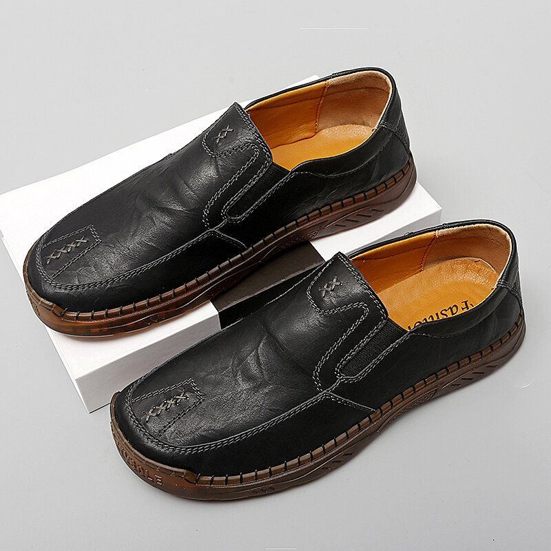 Atmungsaktive Herren Rindsleder Handnähte Mit Weicher Sohle Slip On Freizeitschuhe