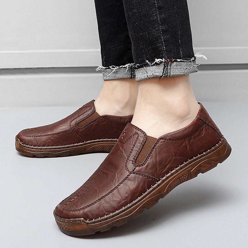 Atmungsaktive Herren Rindsleder Handnähte Mit Weicher Sohle Slip On Freizeitschuhe