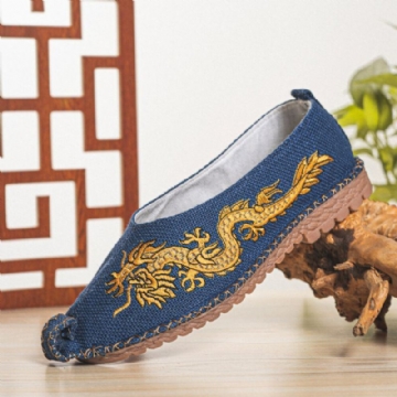 Atmungsaktive Rutschfeste Alte Peking Drachen Stickerei Für Herren Bequeme Lässige Leinenschuhe