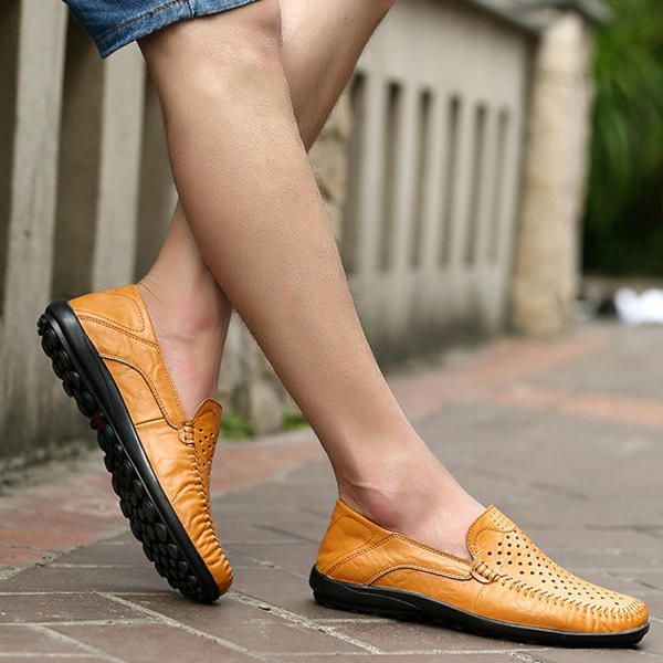 Herren Flats Lässige Outdoor Leder Slipper Aushöhlen Flats Schuhe