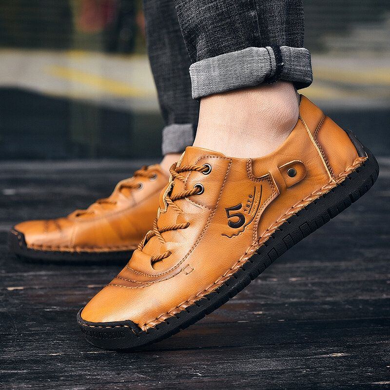 Herren Gummi Zehenkappe Handgenähte Weiche Business Casual Lederschuhe