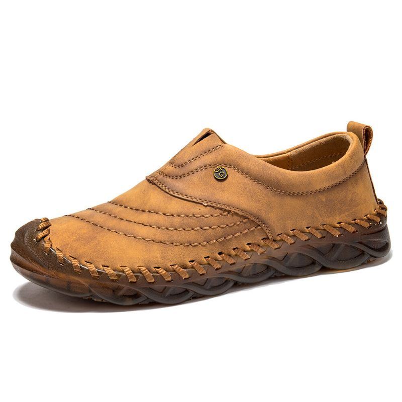 Herren Gummi Zehenkappe Handnähte Outdoor Slip On Weiche Business Freizeitschuhe