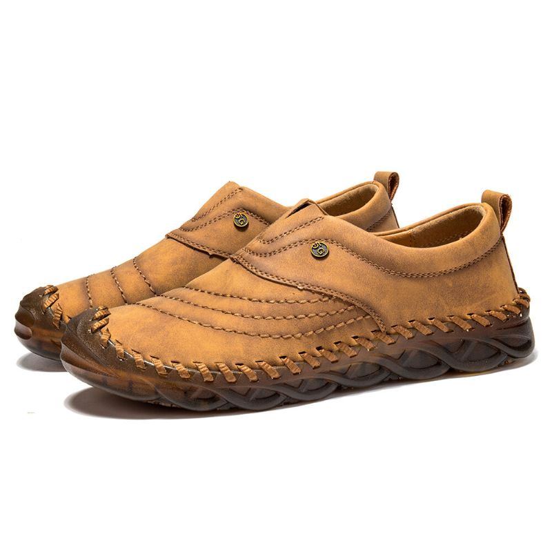 Herren Gummi Zehenkappe Handnähte Outdoor Slip On Weiche Business Freizeitschuhe