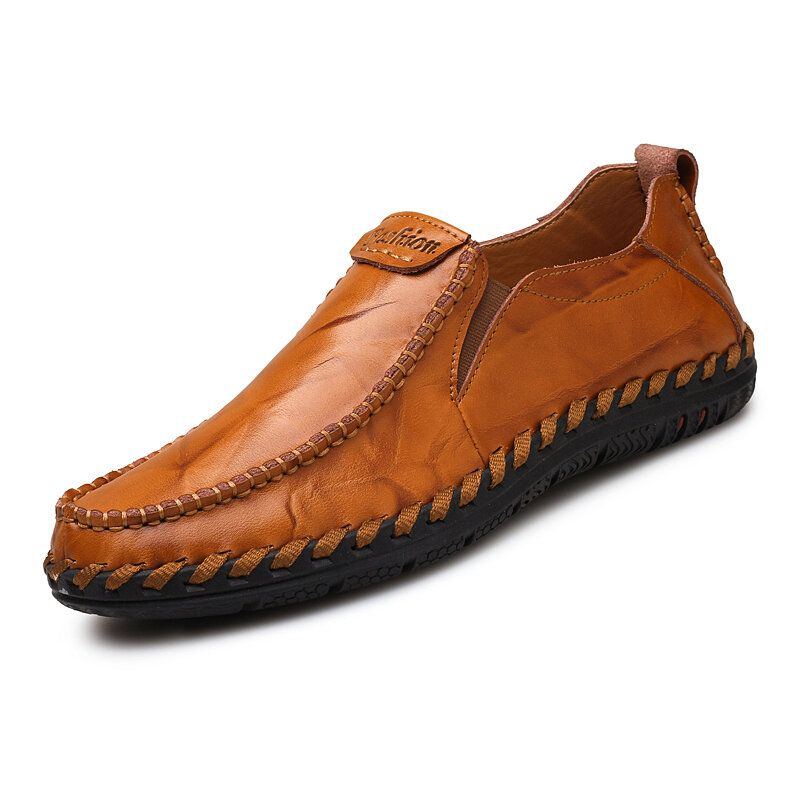 Herren Handnähte Aus Sfot Leder Mit Rutschfester Sohle. Bequeme Slip On Freizeitfahrschuhe