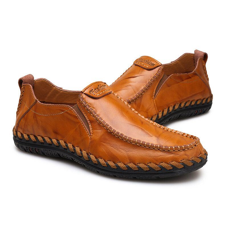 Herren Handnähte Aus Sfot Leder Mit Rutschfester Sohle. Bequeme Slip On Freizeitfahrschuhe