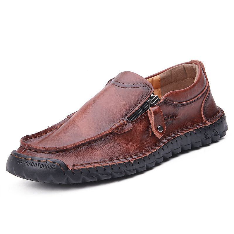 Herren Handnähte Aus Weichem Leder Mit Seitlichem Reißverschluss Business Casual Slip On Flachschuhe