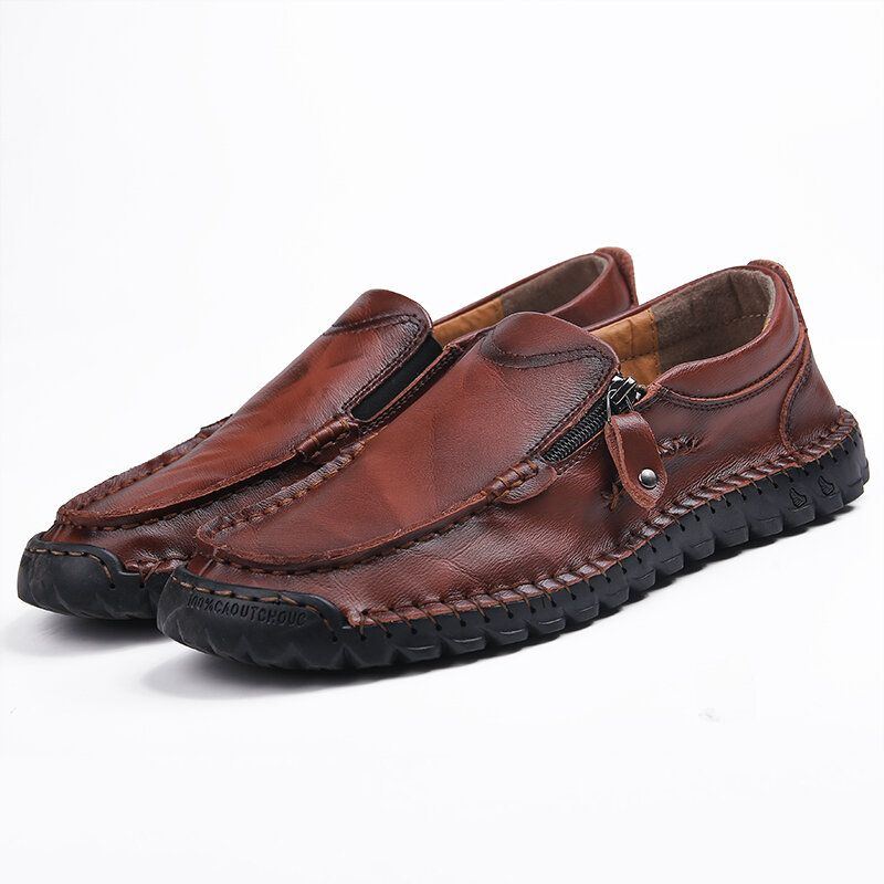 Herren Handnähte Aus Weichem Leder Mit Seitlichem Reißverschluss Business Casual Slip On Flachschuhe