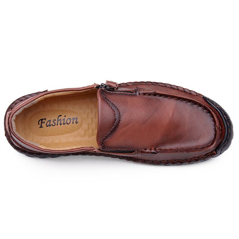 Herren Handnähte Aus Weichem Leder Mit Seitlichem Reißverschluss Business Casual Slip On Flachschuhe