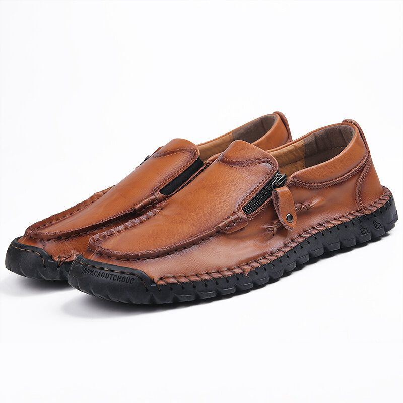 Herren Handnähte Aus Weichem Leder Mit Seitlichem Reißverschluss Business Casual Slip On Flachschuhe