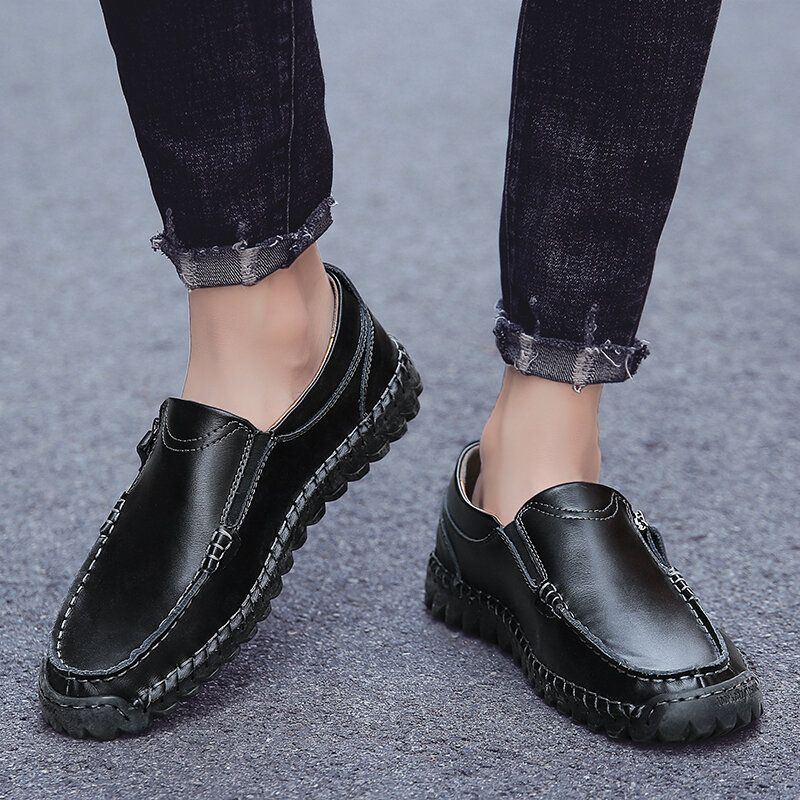 Herren Handnähte Aus Weichem Leder Mit Seitlichem Reißverschluss Business Casual Slip On Flachschuhe