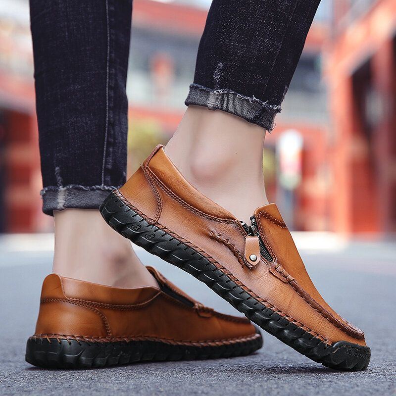 Herren Handnähte Aus Weichem Leder Mit Seitlichem Reißverschluss Business Casual Slip On Flachschuhe