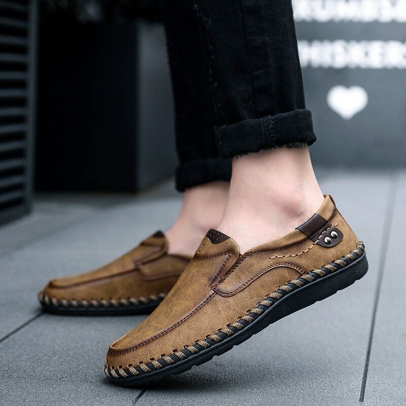 Herren Handnähte Leder Slip On Freizeitschuhe Mit Weicher Sohle