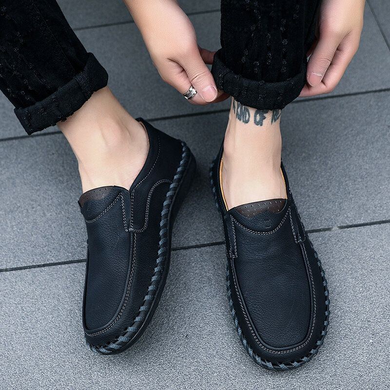 Herren Handnähte Leder Slip On Freizeitschuhe Mit Weicher Sohle