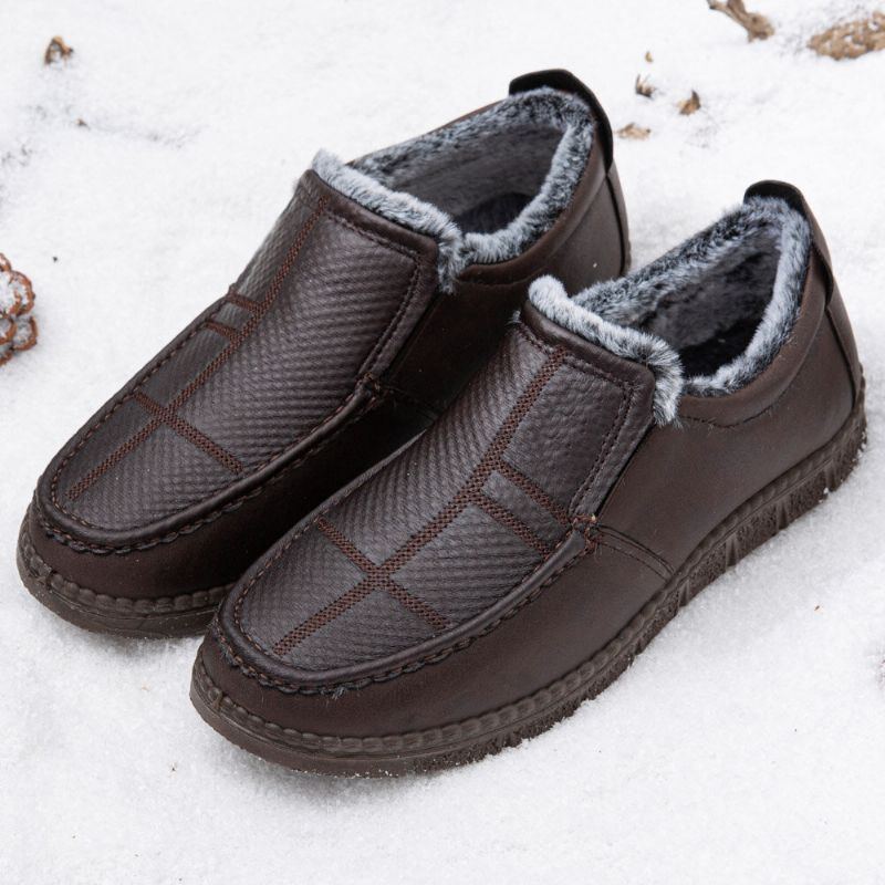 Herren Leder Rutschfeste Warm Gefütterte Weiche Sohle Solide Bequeme Slip On Outdoor Schneeschuhe