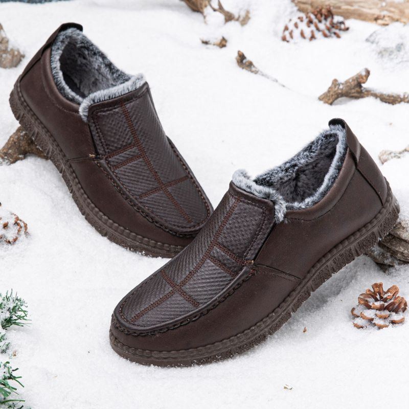 Herren Leder Rutschfeste Warm Gefütterte Weiche Sohle Solide Bequeme Slip On Outdoor Schneeschuhe