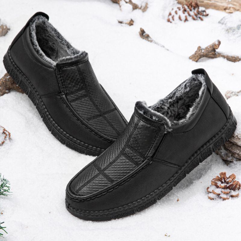 Herren Leder Rutschfeste Warm Gefütterte Weiche Sohle Solide Bequeme Slip On Outdoor Schneeschuhe