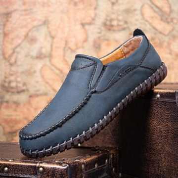 Herren Mikrofaser Leder Handgenäht Weicher Slip On Lässige Bequeme Flache Schuhe