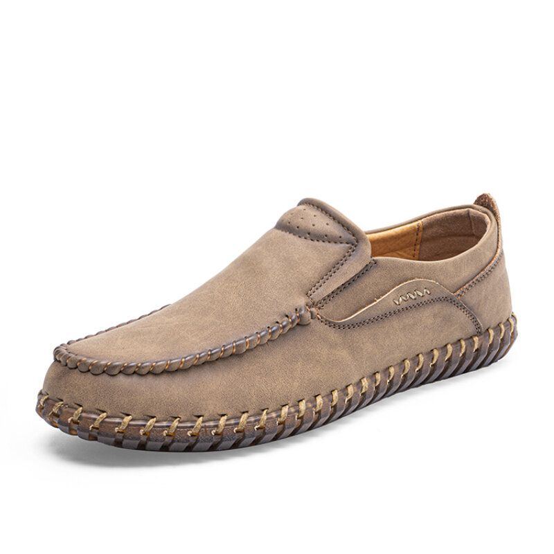 Herren Mikrofaser Leder Handgenäht Weicher Slip On Lässige Bequeme Flache Schuhe