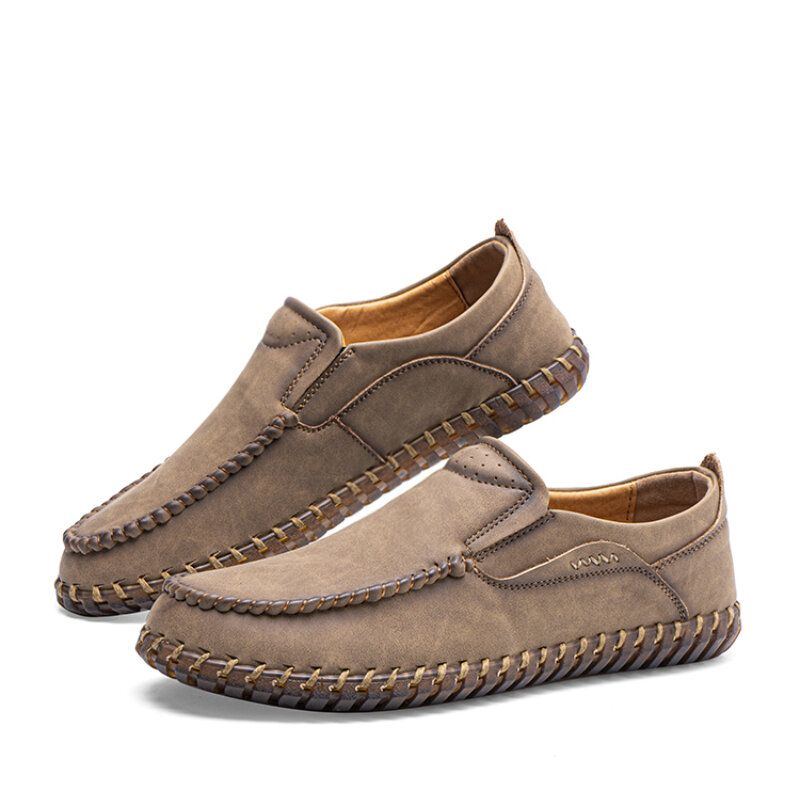 Herren Mikrofaser Leder Handgenäht Weicher Slip On Lässige Bequeme Flache Schuhe