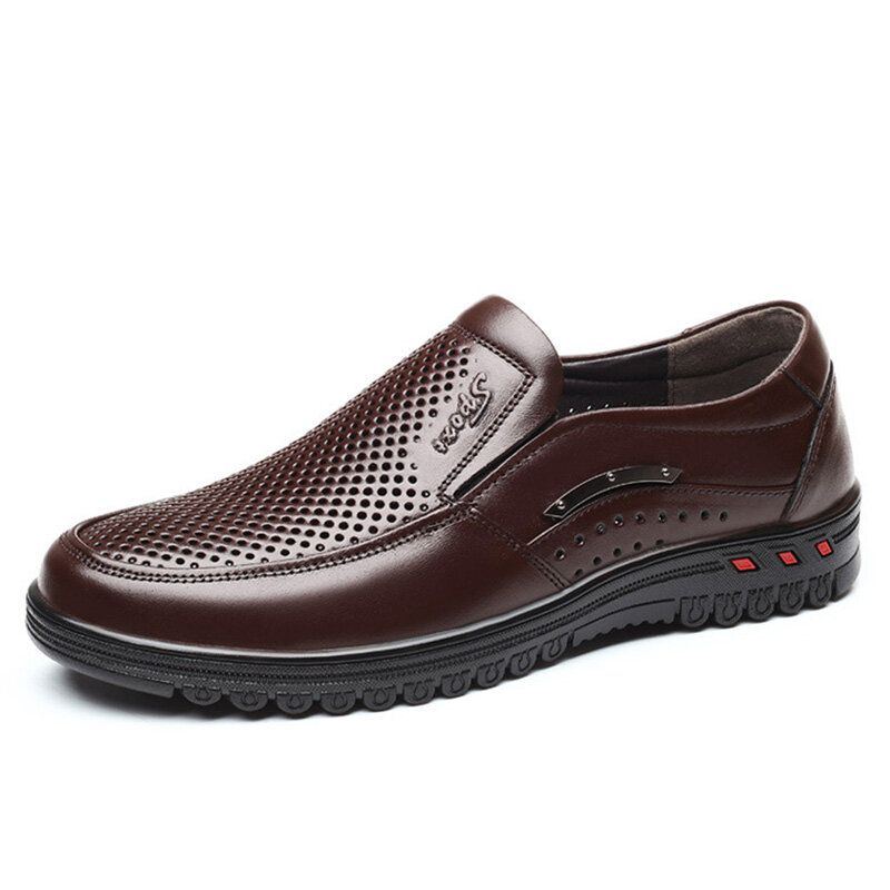 Herren Rindsleder Ausgehöhlt Atmungsaktiv Weiche Sohle Bequeme Slip On Casual Business Schuhe