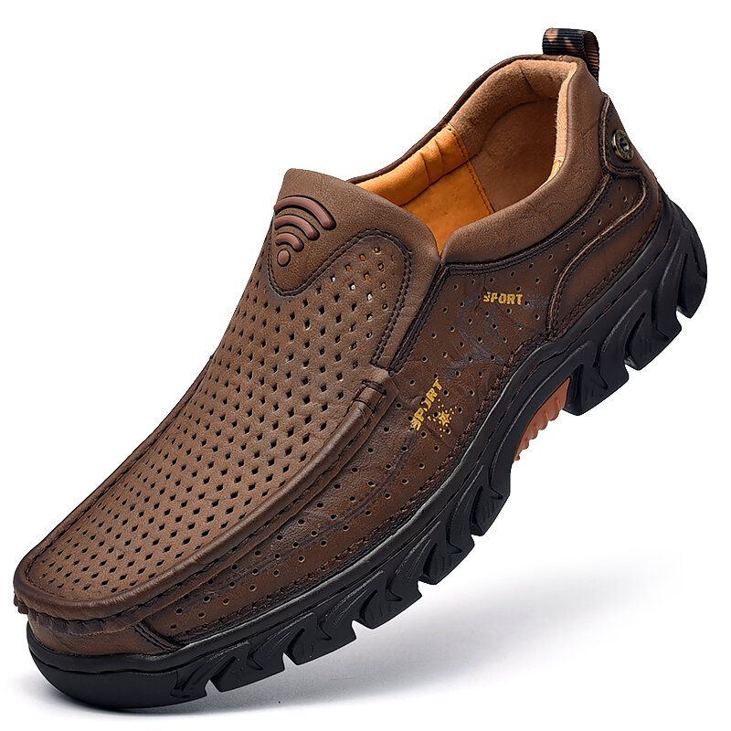 Herren Rindsleder Hohle Rutschfeste Outdoor Business Casual Slip On Lederschuhe