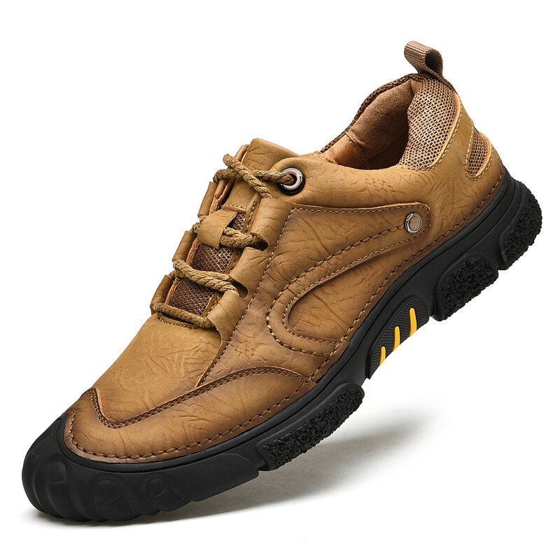 Herren Echtes Leder Atmungsaktive Handnähte Bequeme Weiche Sohle Zum Schnüren Lässige Outdoor Schuhe