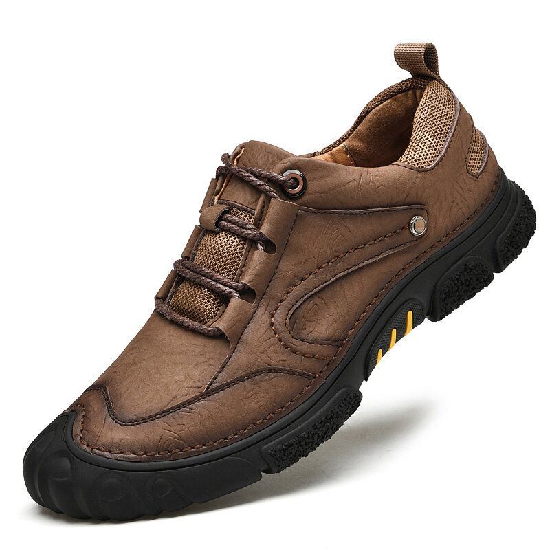 Herren Echtes Leder Atmungsaktive Handnähte Bequeme Weiche Sohle Zum Schnüren Lässige Outdoor Schuhe