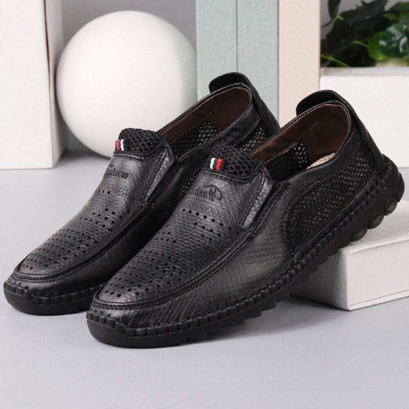 Herren Mikrofaser Aushöhlen Atmungsaktive Handnähte Weiche Sohle Slip On Freizeitschuhe