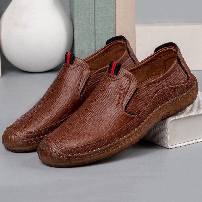 Herren Mikrofaser Leder Atmungsaktive Handnähte Rutschfester Slip On Casual Business Schuhe