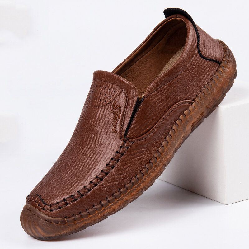 Herren Mikrofaser Leder Atmungsaktive Handnähte Rutschfester Slip On Casual Business Schuhe