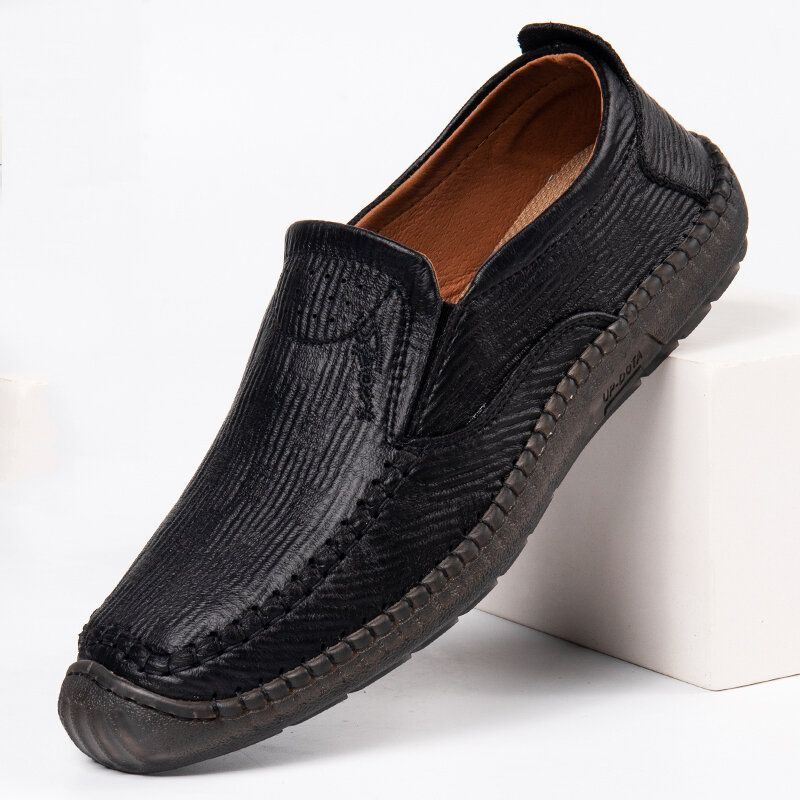 Herren Mikrofaser Leder Atmungsaktive Handnähte Rutschfester Slip On Casual Business Schuhe