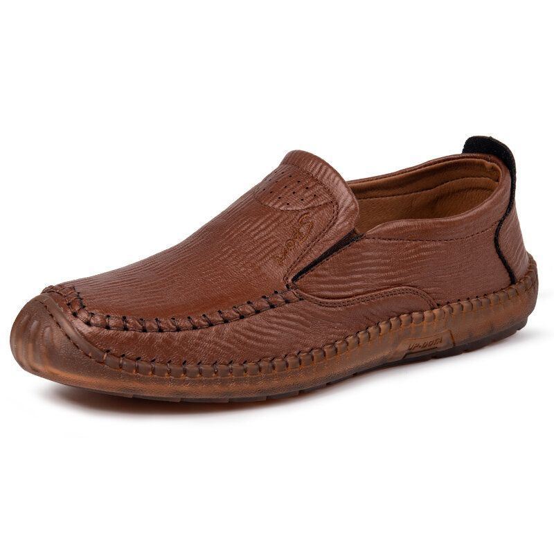 Herren Mikrofaser Leder Atmungsaktive Handnähte Rutschfester Slip On Casual Business Schuhe