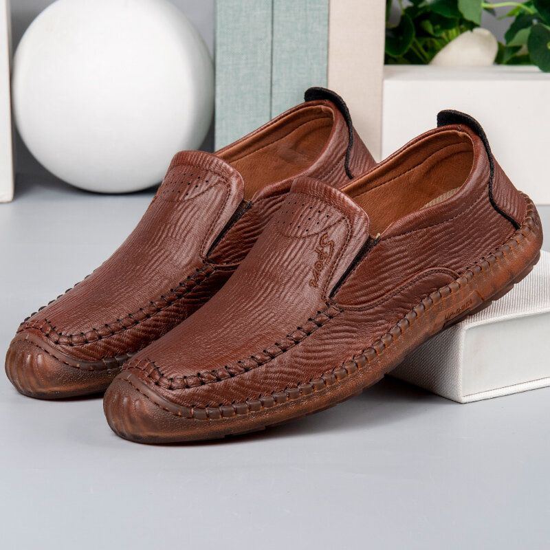 Herren Mikrofaser Leder Atmungsaktive Handnähte Rutschfester Slip On Casual Business Schuhe