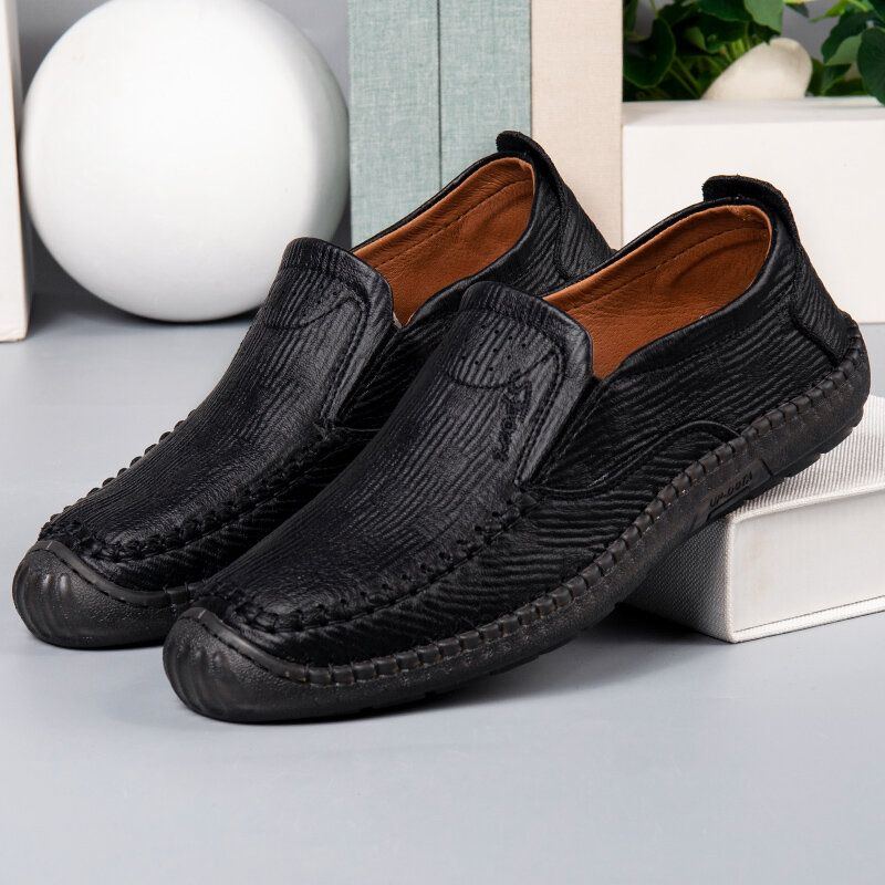 Herren Mikrofaser Leder Atmungsaktive Handnähte Rutschfester Slip On Casual Business Schuhe