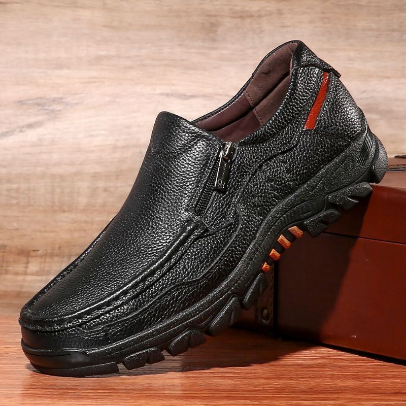 Herren Rindsleder Atmungsaktive Weiche Sohle Slip On Bequeme Freizeitschuhe Im England Stil Mit Reißverschluss