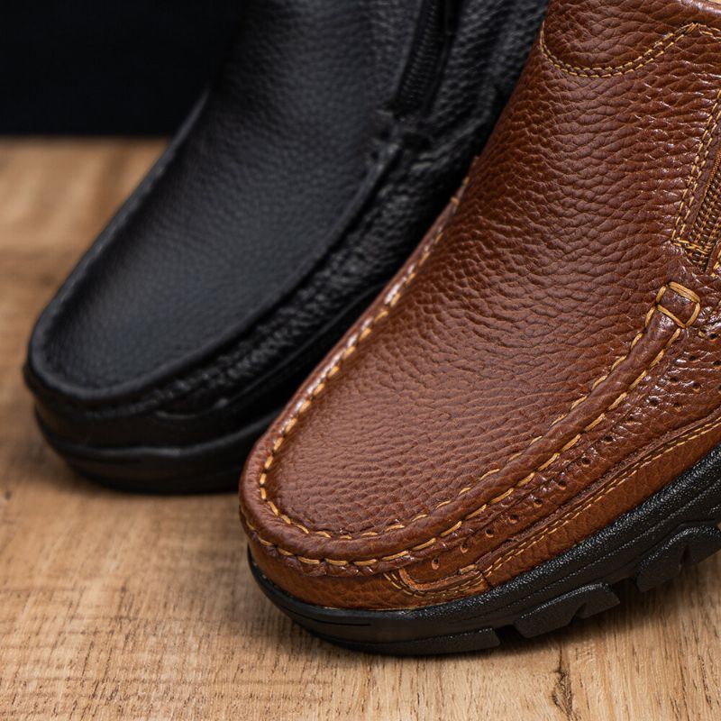 Herren Rindsleder Atmungsaktive Weiche Sohle Slip On Bequeme Freizeitschuhe Im England Stil Mit Reißverschluss