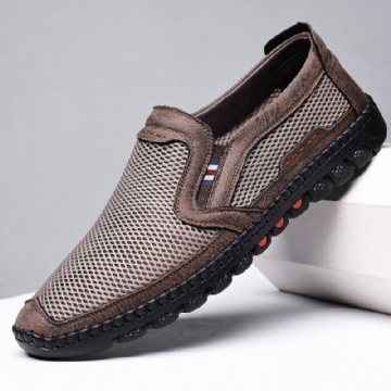 Herren Rindsleder Atmungsaktives Mesh Aushöhlen Weicher Boden Slip On Flache Freizeitschuhe